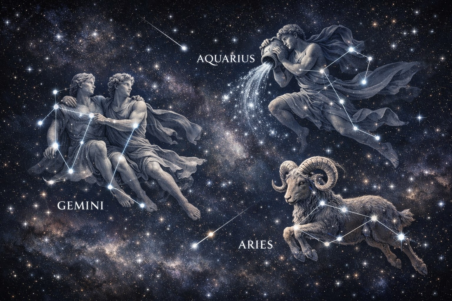 The constellations behind his Sun, Moon and Rising — Gemini, Aquarius and Aries